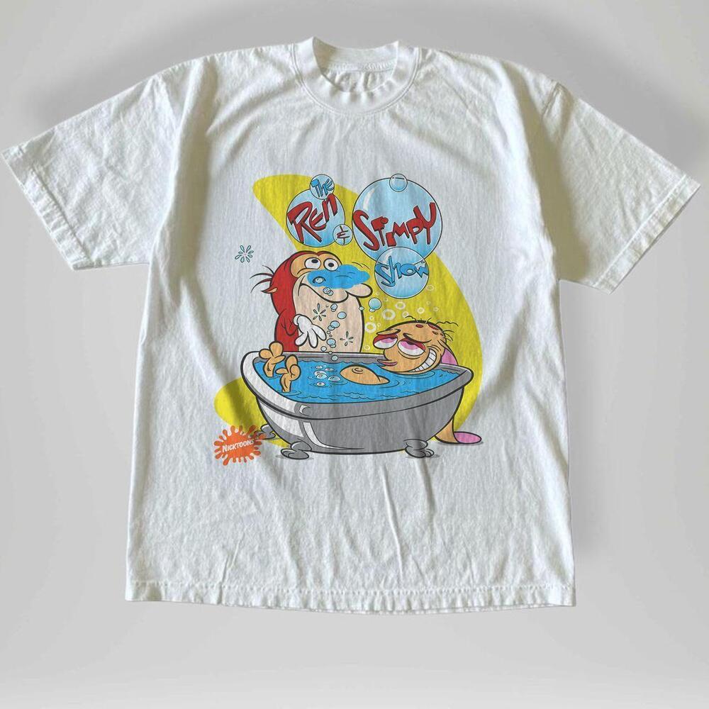 Style 90S Ren & Stimpy White T Shirt Sitting In Bath Tub